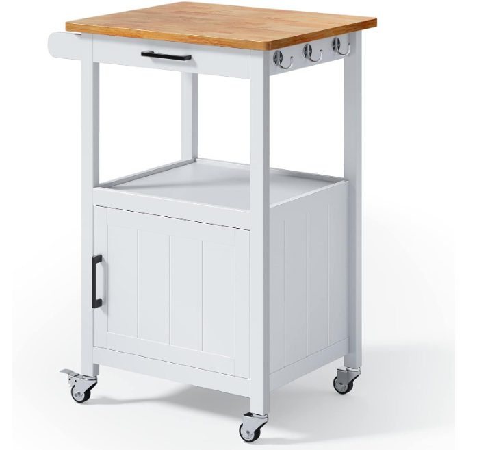 Rolling Kitchen Island Cart with with Drawer, Storage on Wheels, Small Home Coffee Bar, Microwaves Stand, Table/ Cabinet and Side Hook