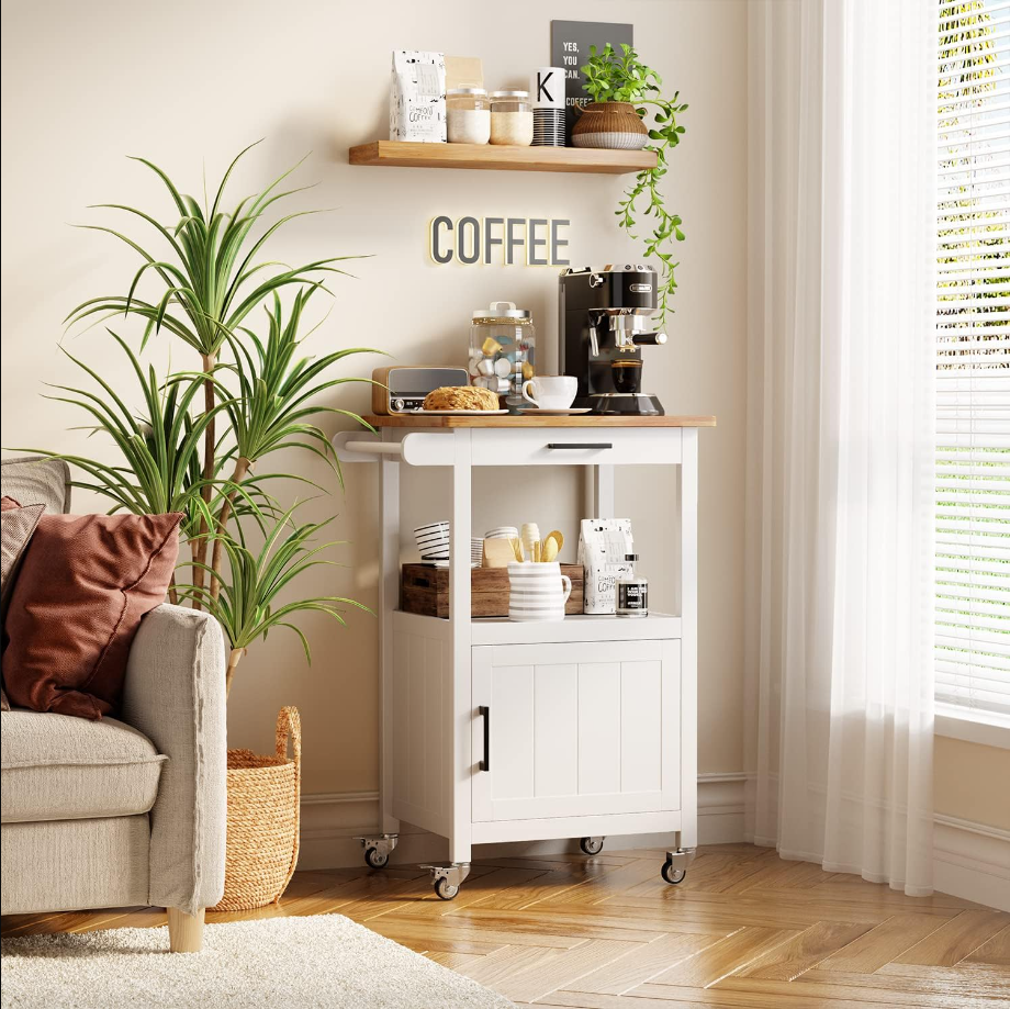 Rolling Kitchen Island Cart with with Drawer, Storage on Wheels, Small Home Coffee Bar, Microwaves Stand, Table/ Cabinet and Side Hook