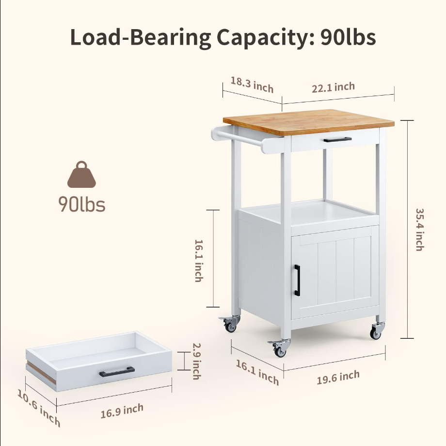Rolling Kitchen Island Cart with with Drawer, Storage on Wheels, Small Home Coffee Bar, Microwaves Stand, Table/ Cabinet and Side Hook