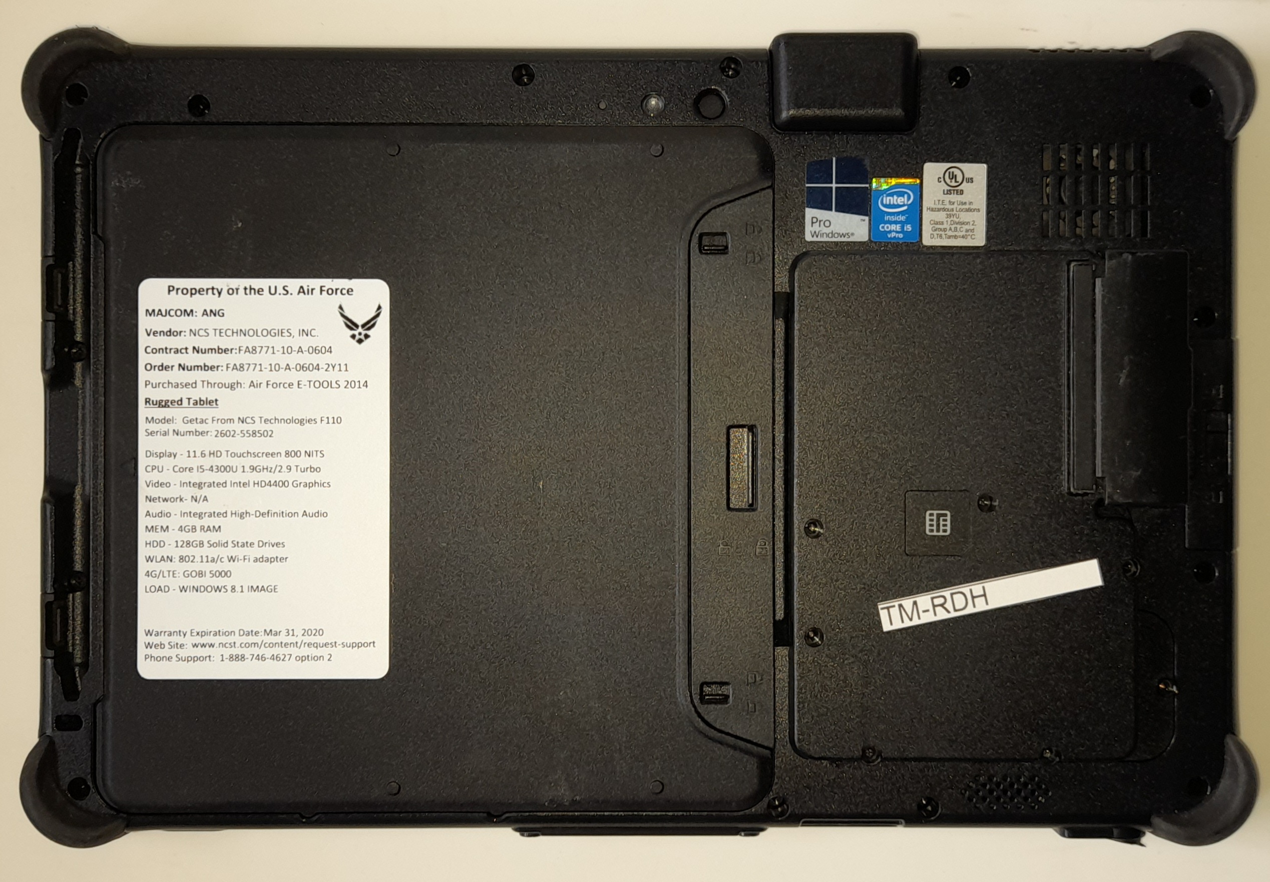 FULLY RUGGED GETAC F110 i5/NEW BATTERY/128GB SSD/4G-LTE/BARCODE SCANNER