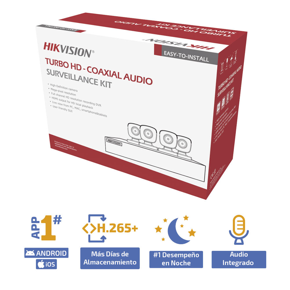 KIT TURBOHD 5 Megapixel / DVR 4 Canales / 4 Cámaras Bala con Micrófono Integrado (exterior 2.8 mm) / Fuente de Poder / Accesorios de Instalación