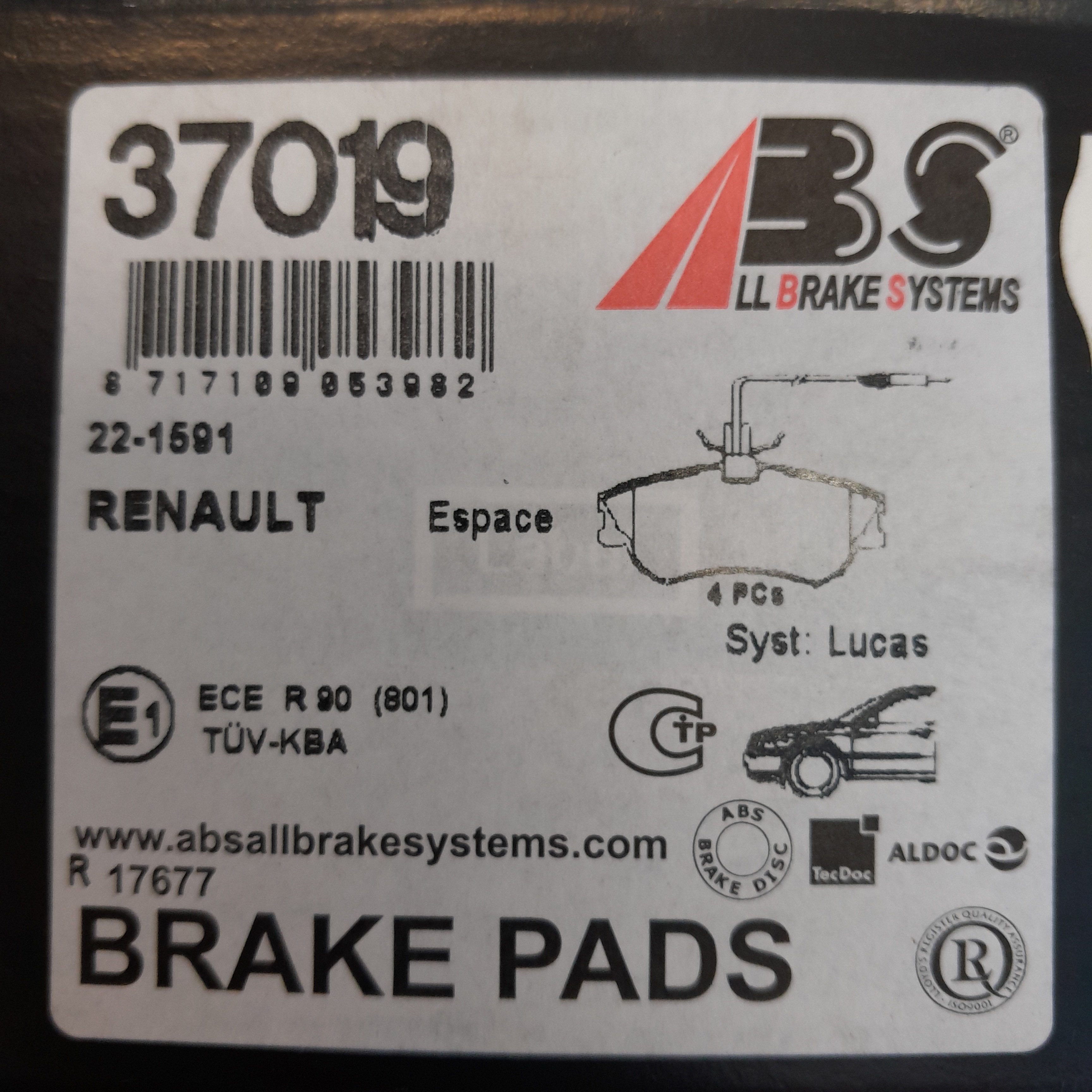 ABS 37019 stabdžių kaladėlės Renault Espace