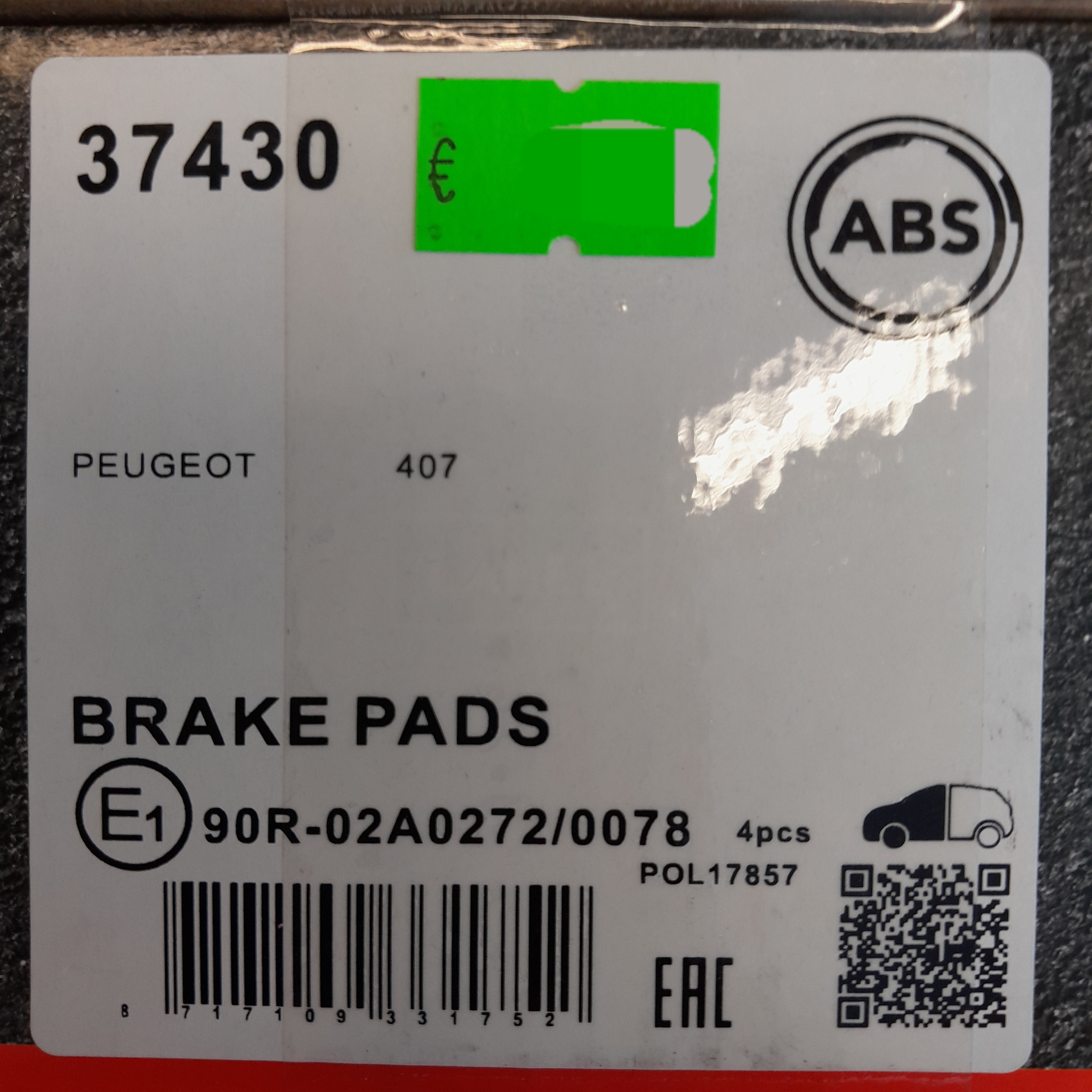  ABS 37430 Stabdžių kaladėlės Peugeot 407