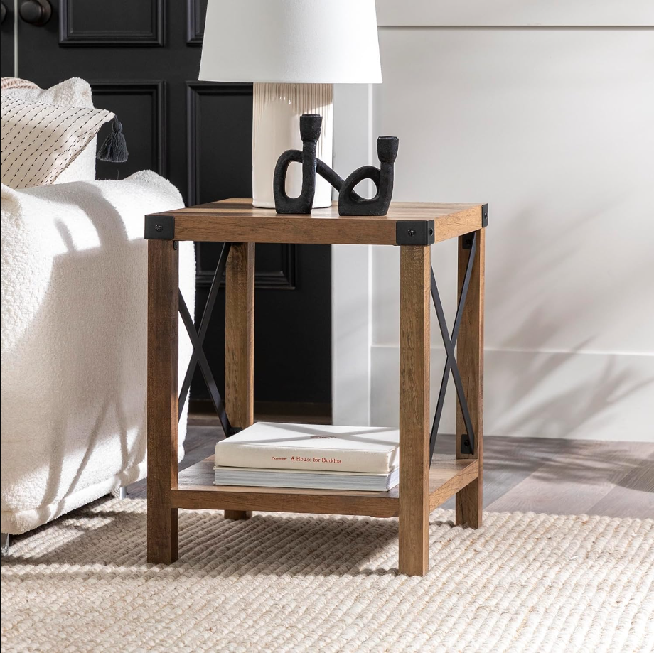 Sedalia Modern Farmhouse Metal X Side Table, 18 Inch, Rustic Oak