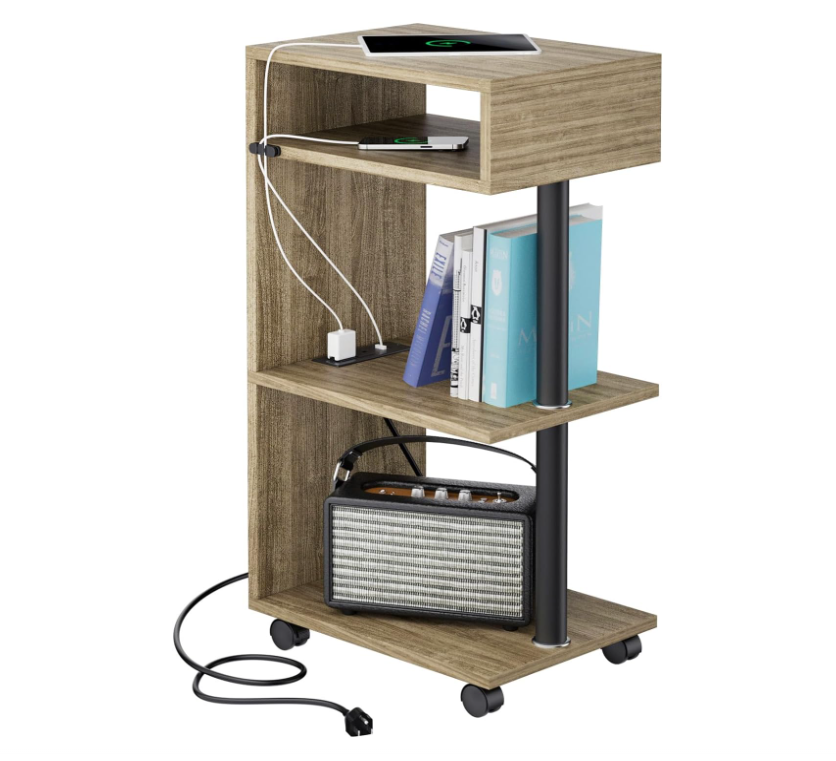 End Table with Charging Station, 4-Tier Nightstand with Charger Station, Narrow Side Tables Living Room, Bedroom for Small Spaces, Small Bedside Table with USB Ports and Outlets, Beige