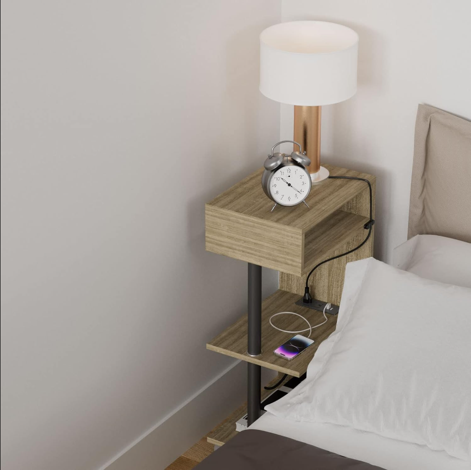 End Table with Charging Station, 4-Tier Nightstand with Charger Station, Narrow Side Tables Living Room, Bedroom for Small Spaces, Small Bedside Table with USB Ports and Outlets, Beige