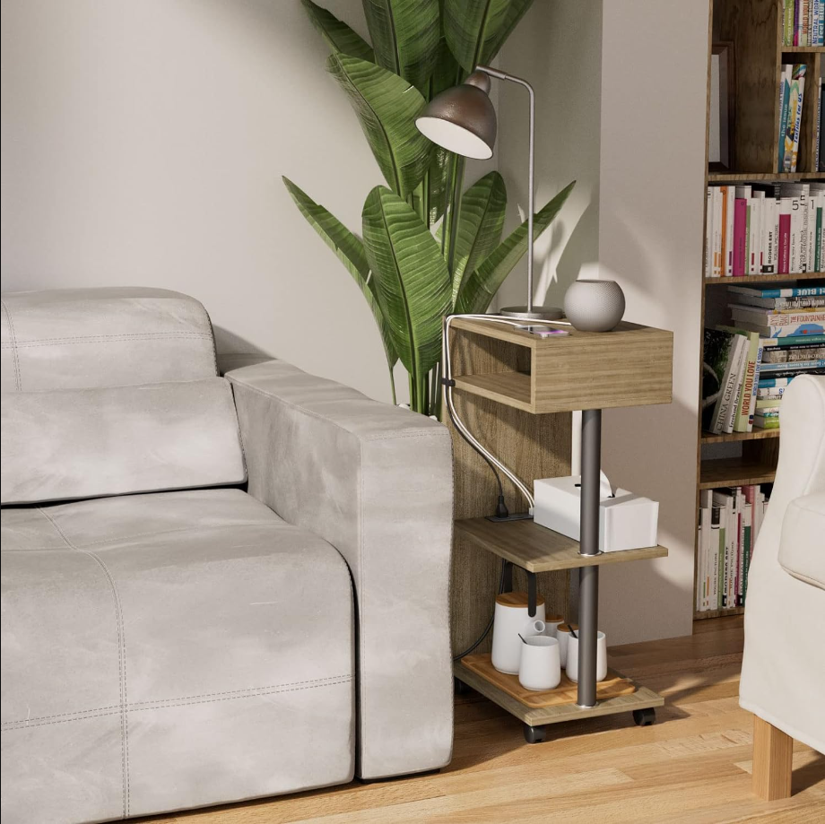 End Table with Charging Station, 4-Tier Nightstand with Charger Station, Narrow Side Tables Living Room, Bedroom for Small Spaces, Small Bedside Table with USB Ports and Outlets, Beige
