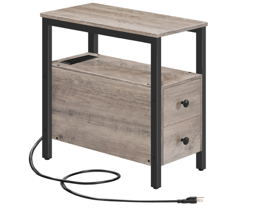 End Table with Charging Station, Narrow Side Table with 2 Drawers & USB Ports & Power Outlets, Nightstand for Small Spaces