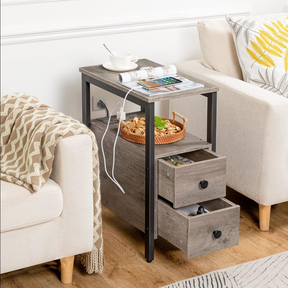End Table with Charging Station, Narrow Side Table with 2 Drawers & USB Ports & Power Outlets, Nightstand for Small Spaces