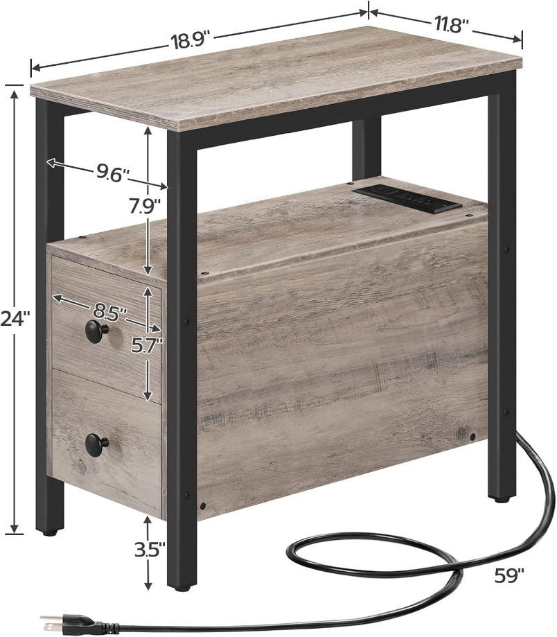 End Table with Charging Station, Narrow Side Table with 2 Drawers & USB Ports & Power Outlets, Nightstand for Small Spaces