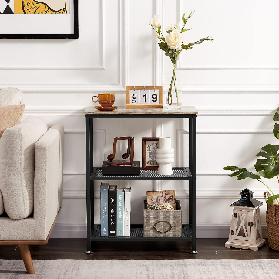 Tall End Side Tables, 30" Height Nightstand with 3-Tier Storage Shelf for Bedroom Living Room, Easy Assembly,Industrial Style, 1 Pack, Grey