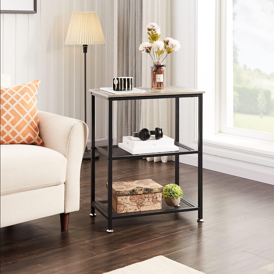 Tall End Side Tables, 30" Height Nightstand with 3-Tier Storage Shelf for Bedroom Living Room, Easy Assembly,Industrial Style, 1 Pack, Grey