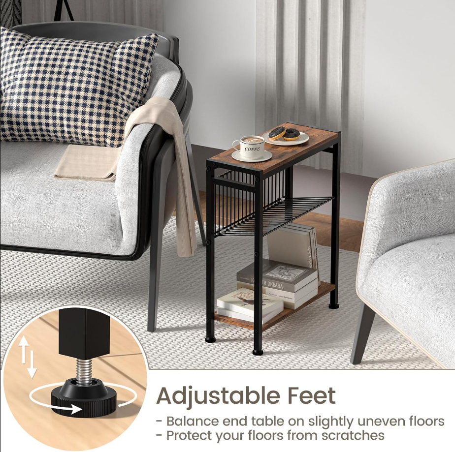 Small End Table for Small Space, 3-Tier Narrow Side Table with Magazine Holder,Small Nightstand