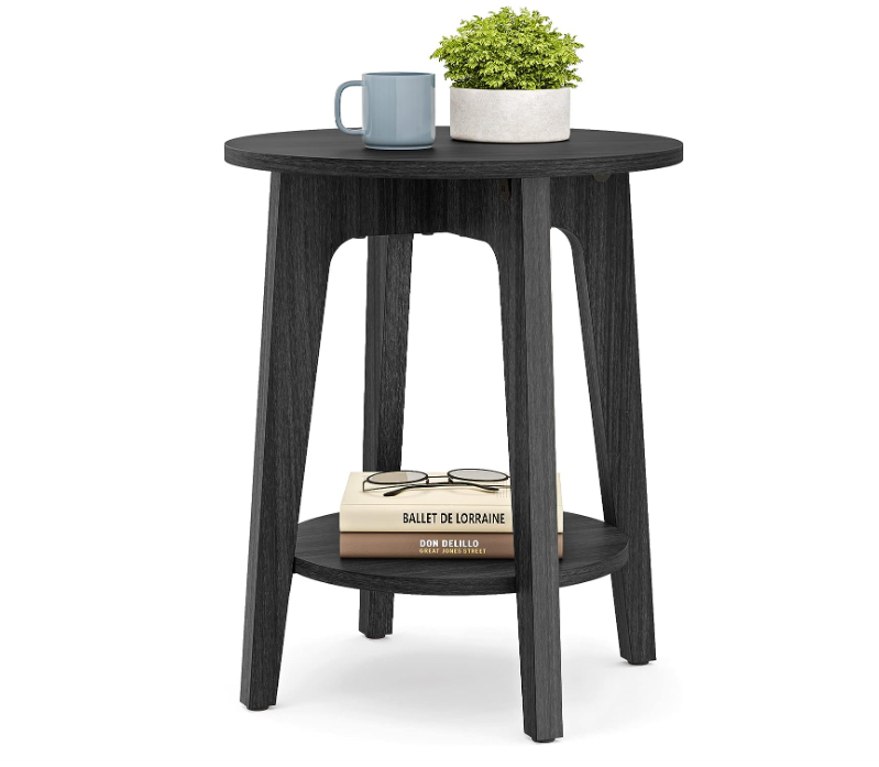 Round Side Table with Lower Shelf, End Table for Small Spaces, Nightstand for Living Room