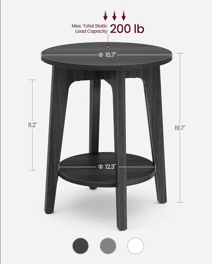 Round Side Table with Lower Shelf, End Table for Small Spaces, Nightstand for Living Room