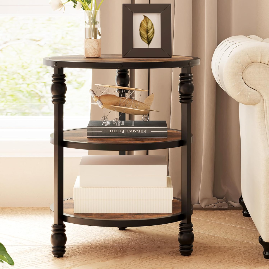 End Table 3-Tier Round Side Table Living Room Accent Table with Storage Shelf and Metal Industrial Wood Bed Side Table/Night Stand for Bedroom