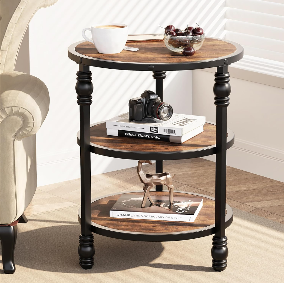 End Table 3-Tier Round Side Table Living Room Accent Table with Storage Shelf and Metal Industrial Wood Bed Side Table/Night Stand for Bedroom