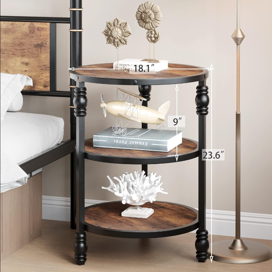 End Table 3-Tier Round Side Table Living Room Accent Table with Storage Shelf and Metal Industrial Wood Bed Side Table/Night Stand for Bedroom