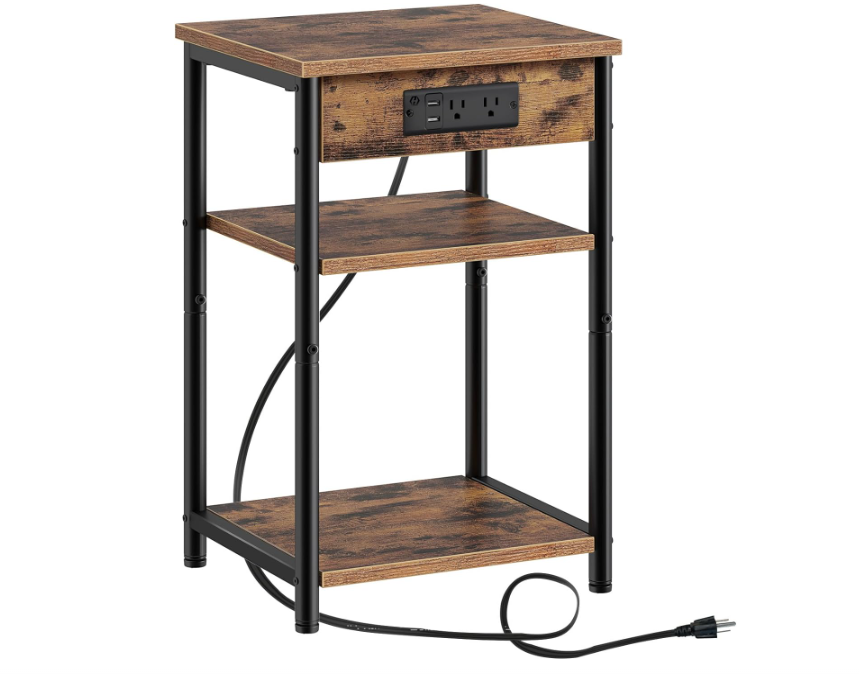 End Table with Charging Station, 3 Tier Slim Nightstand with Storage Shelf