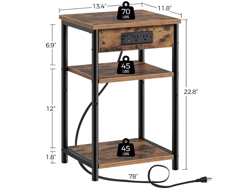 End Table with Charging Station, 3 Tier Slim Nightstand with Storage Shelf