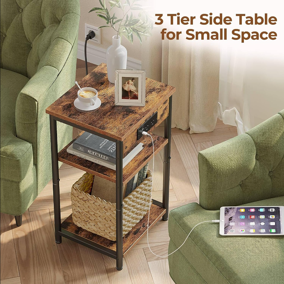End Table with Charging Station, 3 Tier Slim Nightstand with Storage Shelf