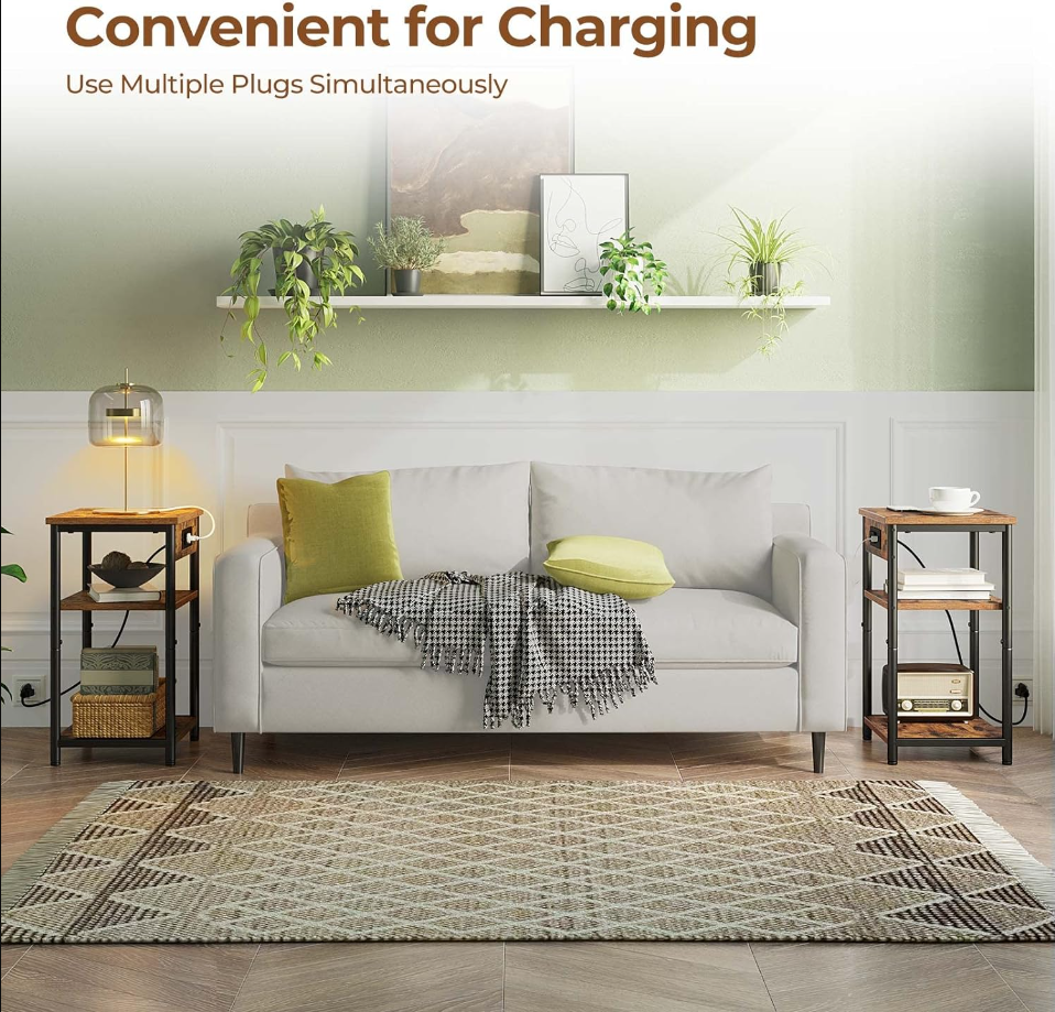 End Table with Charging Station, 3 Tier Slim Nightstand with Storage Shelf