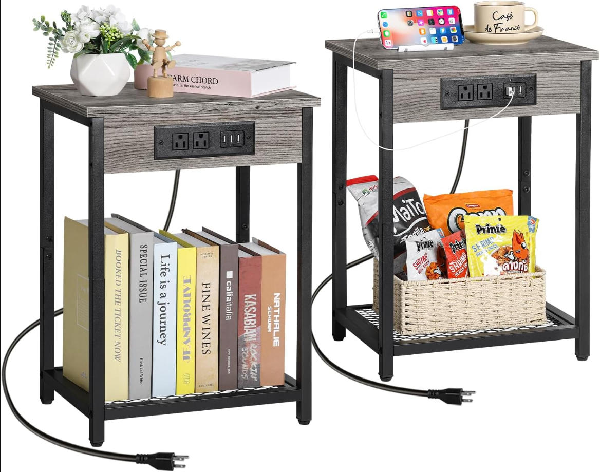 NightStand Set of 2, Side Table with Charging Station, Open 2 Tier Narrow End Table Storage Shelf