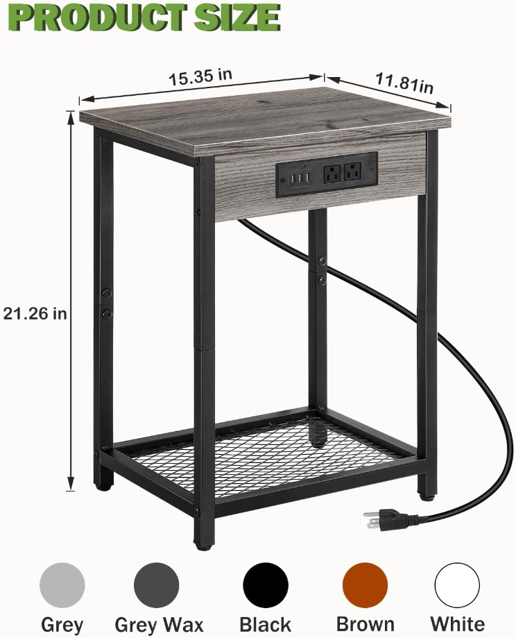 NightStand Set of 2, Side Table with Charging Station, Open 2 Tier Narrow End Table Storage Shelf