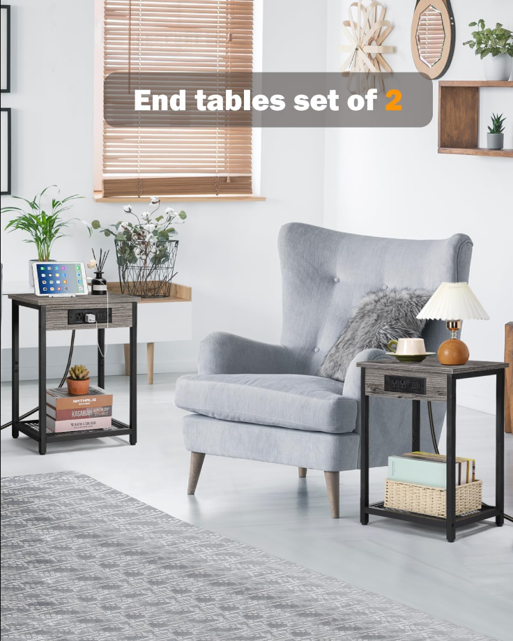 NightStand Set of 2, Side Table with Charging Station, Open 2 Tier Narrow End Table Storage Shelf