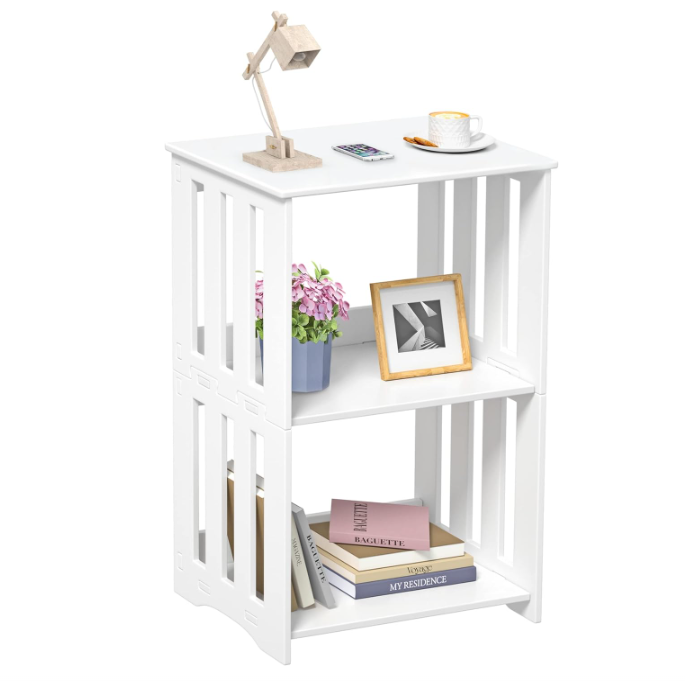 3-Tier End Table Nightstand White, Narrow Side Table with Storage Shelf, Small Bookshelf Bedside Table for Bedroom