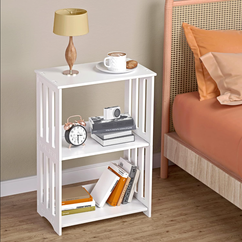 3-Tier End Table Nightstand White, Narrow Side Table with Storage Shelf, Small Bookshelf Bedside Table for Bedroom