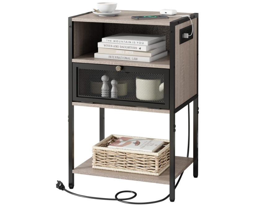 Nightstand with Charging Station, End Table with USB Ports and Outlets