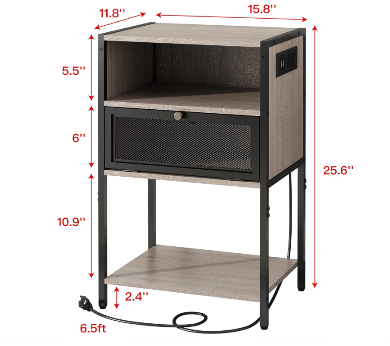 Nightstand with Charging Station, End Table with USB Ports and Outlets