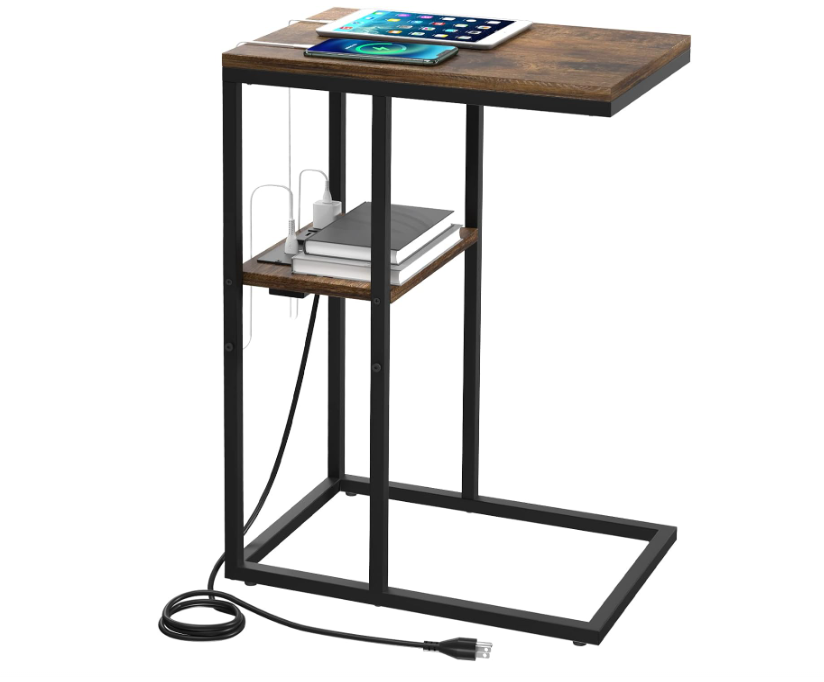 C Shaped End Table with Charging Station for Living Room, Bedroom