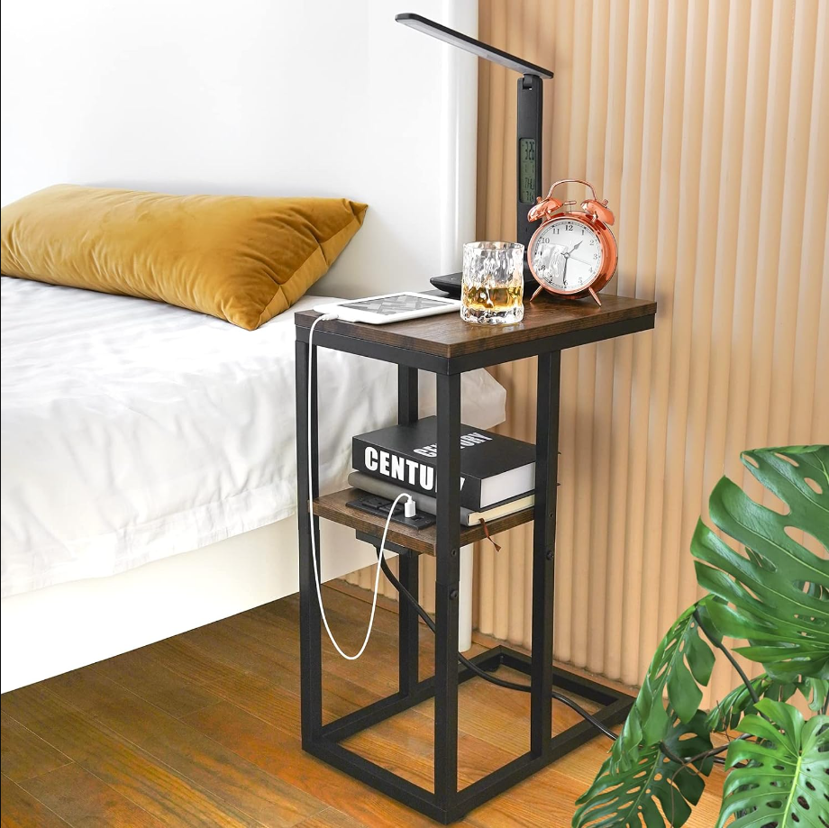 C Shaped End Table with Charging Station for Living Room, Bedroom