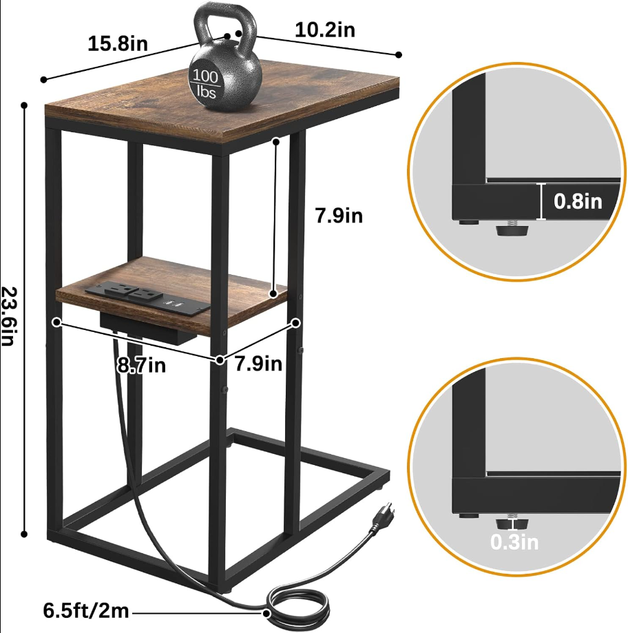 C Shaped End Table with Charging Station for Living Room, Bedroom