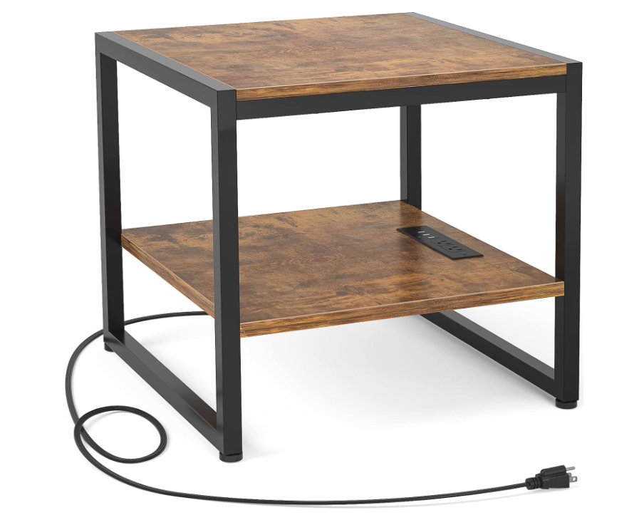 End Table with Charging Station, 20 Inch Square Side Table with USB Ports & Power Outlets