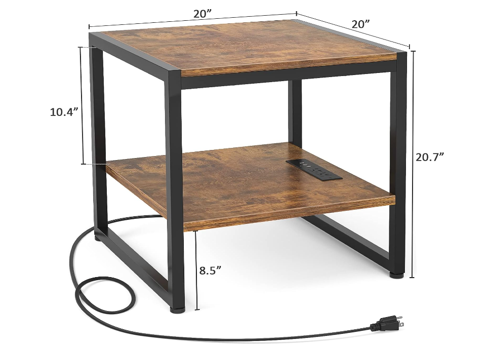 End Table with Charging Station, 20 Inch Square Side Table with USB Ports & Power Outlets