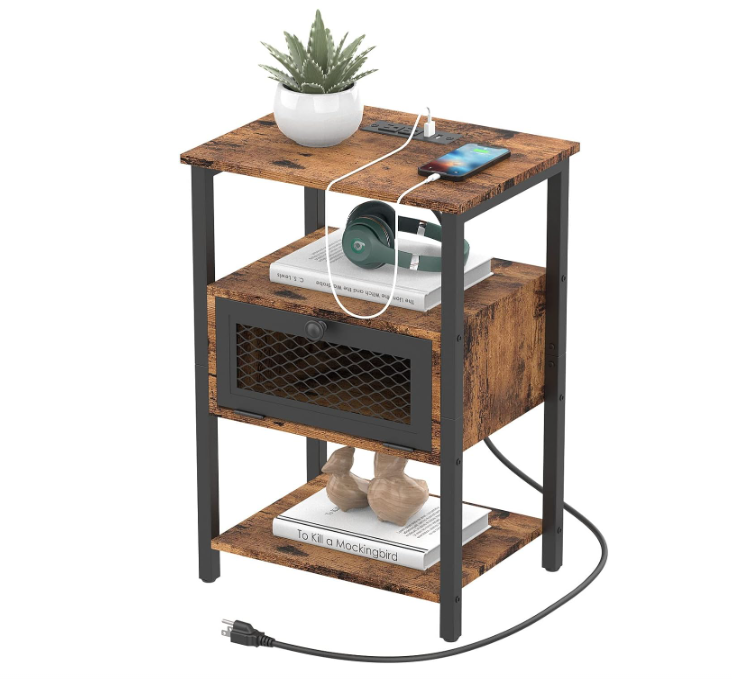 Night Stand with Drawer, Nightstand with Charging Station