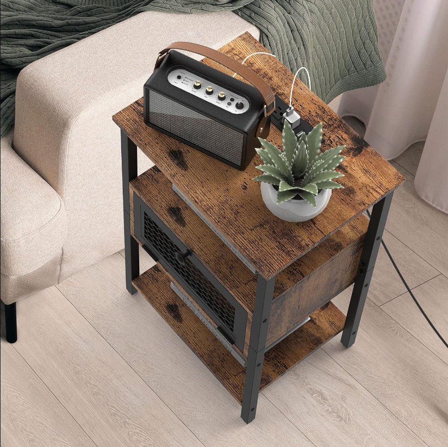 Night Stand with Drawer, Nightstand with Charging Station