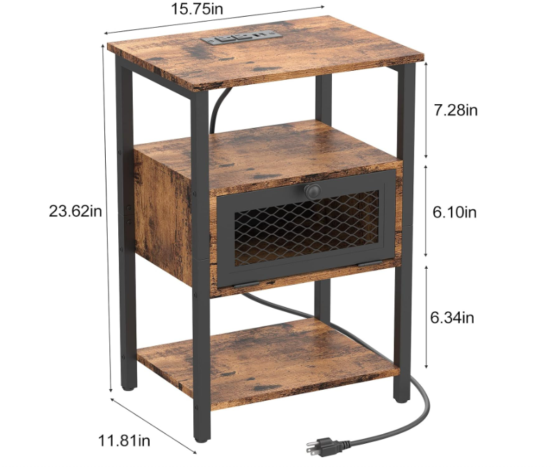 Night Stand with Drawer, Nightstand with Charging Station