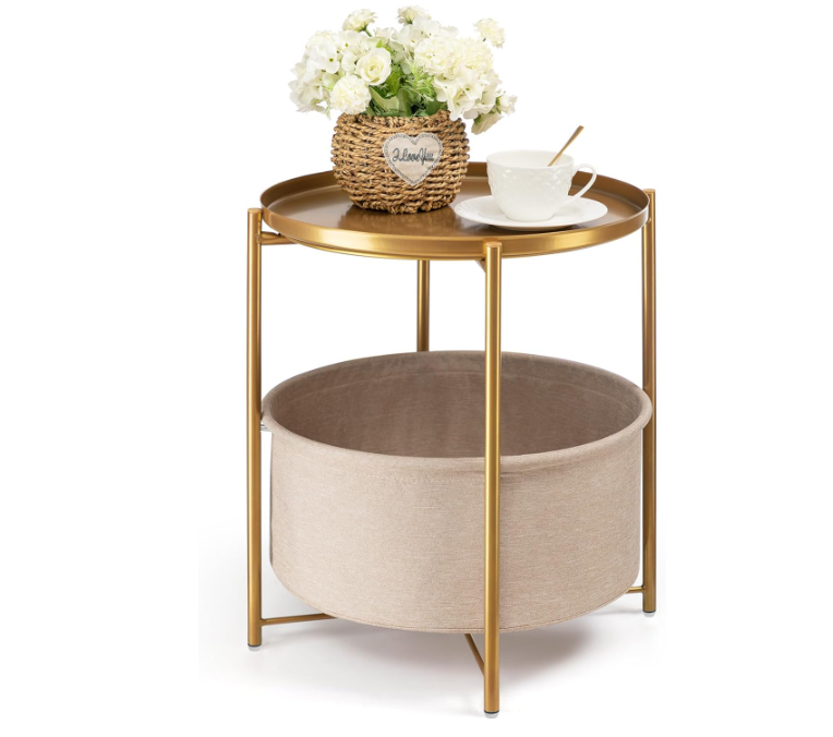 Round Side Table with Fabric Storage Basket