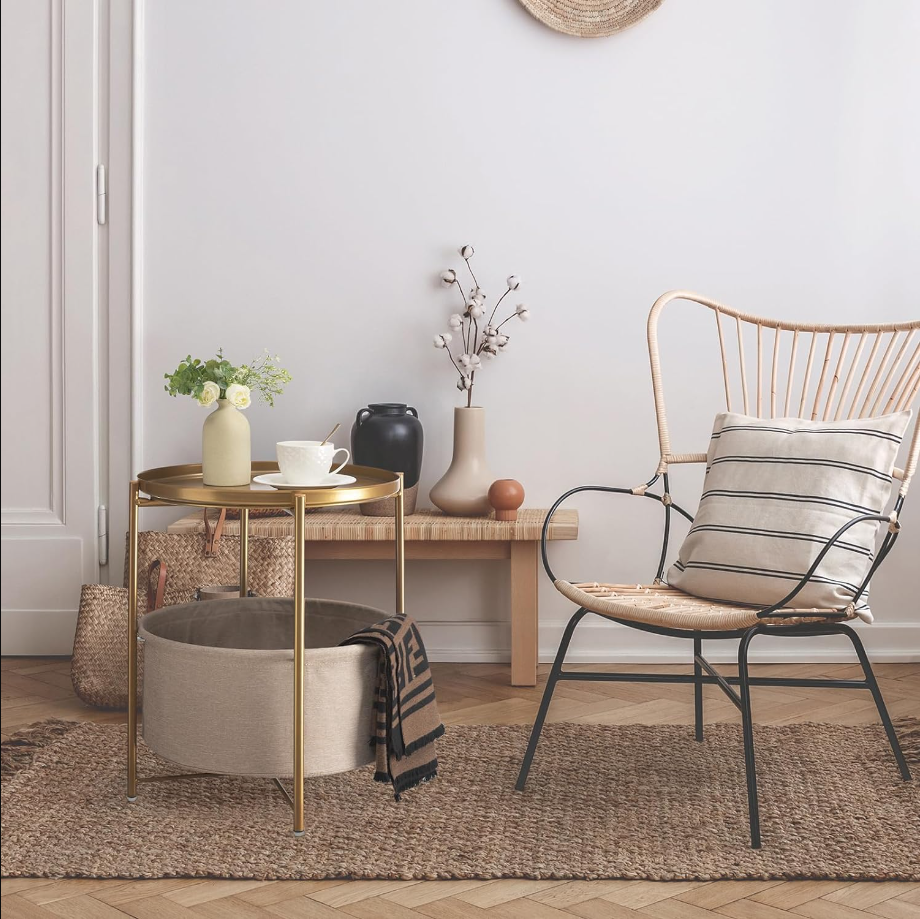 Round Side Table with Fabric Storage Basket