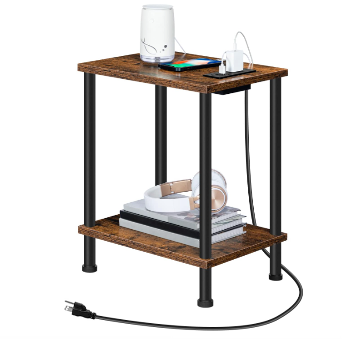 Side/End Table with Charging Station, USB Ports and Outlet, Nightstand with 2-Layer Storage Shelves for Small Spaces
