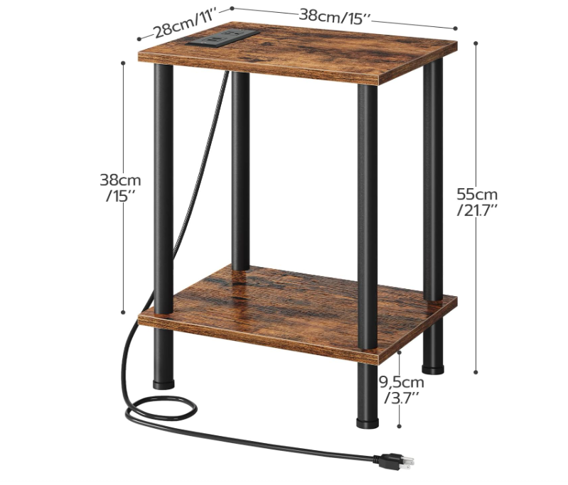 Side/End Table with Charging Station, USB Ports and Outlet, Nightstand with 2-Layer Storage Shelves for Small Spaces
