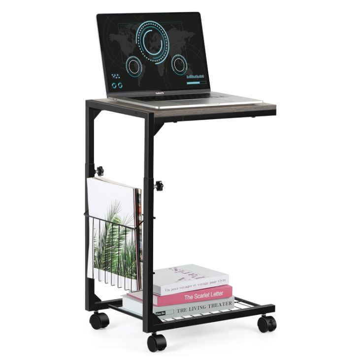 Adjustable C Table - C Shaped Side Table with Wheels for Living Room and Bedroom,with Storage Mesh Basket