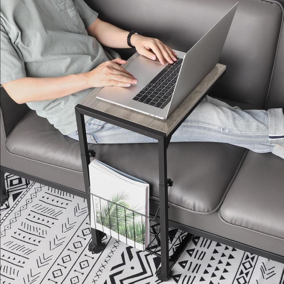Adjustable C Table - C Shaped Side Table with Wheels for Living Room and Bedroom,with Storage Mesh Basket