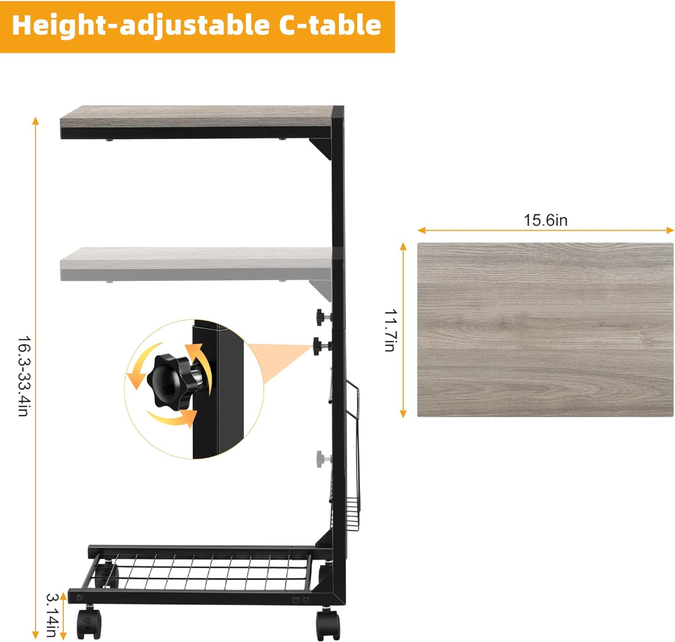 Adjustable C Table - C Shaped Side Table with Wheels for Living Room and Bedroom,with Storage Mesh Basket