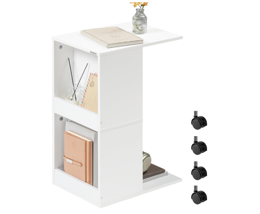 C-Shaped End Table, Side Side for Small Spaces, Narrow Nightstand with Wheels