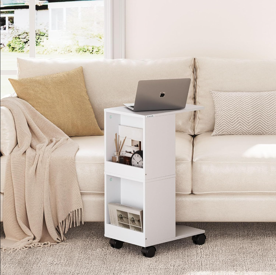 C-Shaped End Table, Side Side for Small Spaces, Narrow Nightstand with Wheels